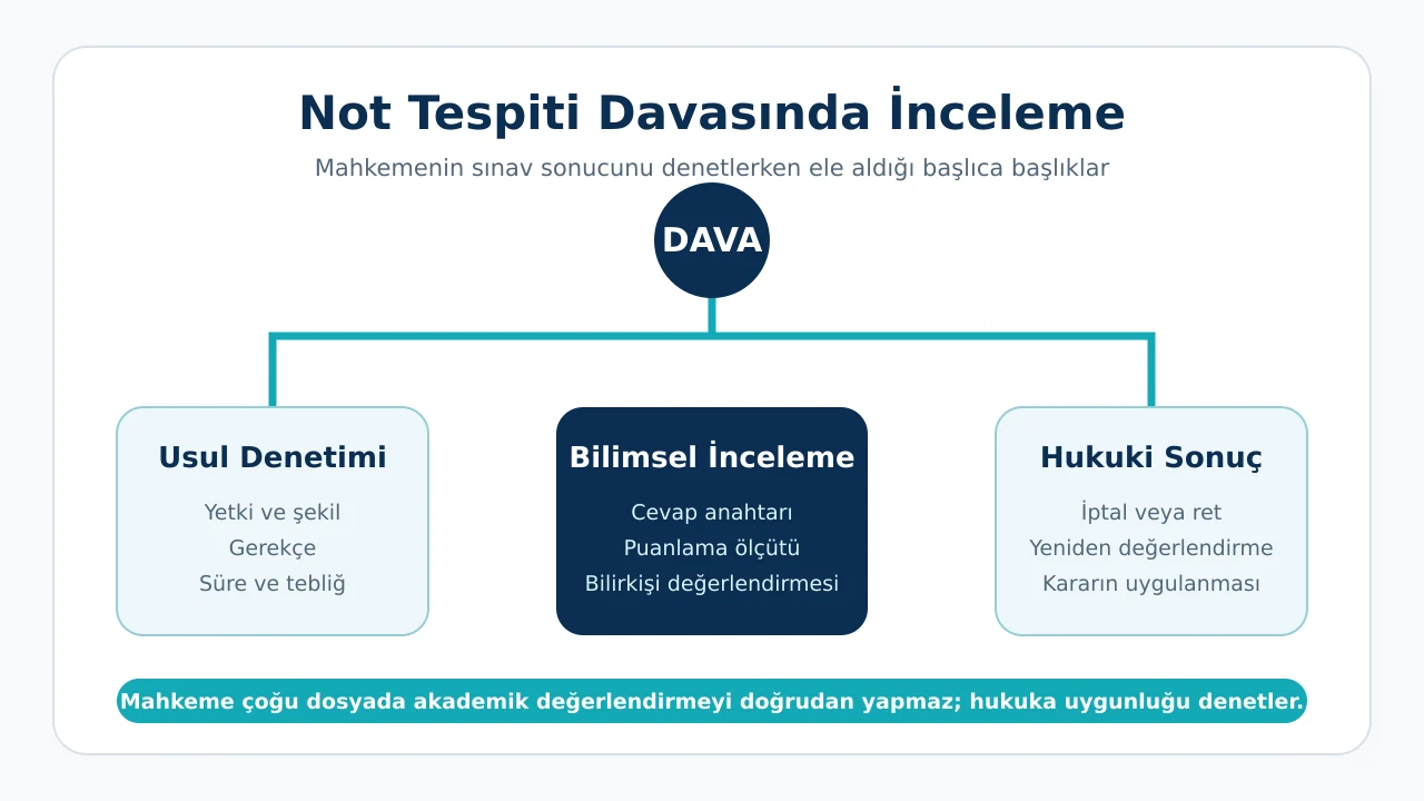 Sınav sonucunun öğrenilmesi, kuruma itiraz, başvurunun reddedilmesi veya cevapsız bırakılması ve idare mahkemesinde dava açılması aşamalarını gösteren şema.