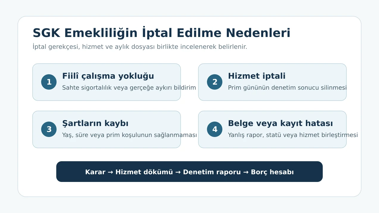 Emekliliğin İptal Olması Halinde Yapılacaklar 2 SGK emeklilik iptali nedenlerini gösteren şema
