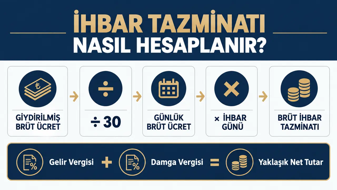 İhbar Tazminatı Hesaplama 2026 (Net–Brüt) 2 İhbar tazminatı nasıl hesaplanır formülü ve kesintileri