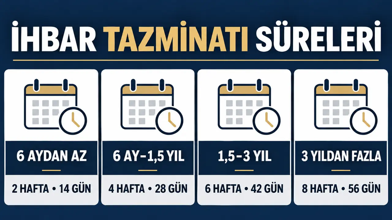 İhbar Tazminatı Hesaplama 2026 (Net–Brüt) 3 Çalışma süresine göre ihbar tazminatı süreleri