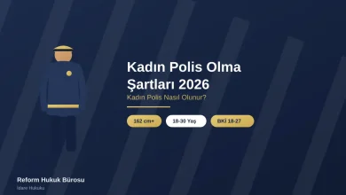 Kadın polis olma şartları 2026 — kadın polis siluetiyle yaş, boy ve BKİ şartlarını gösteren görsel