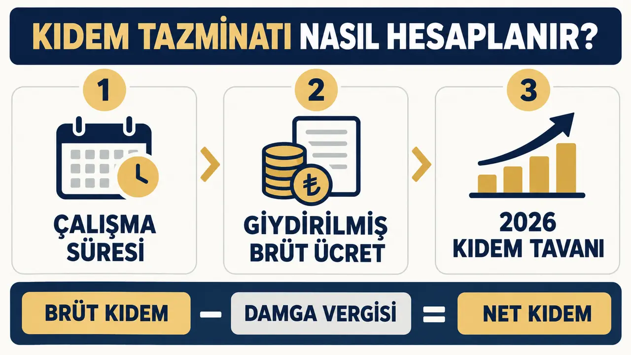 Kıdem Tazminatı Hesaplama 2026 (Net–Brüt) 2 Kıdem tazminatı nasıl hesaplanır çalışma süresi brüt ücret ve tavan şeması