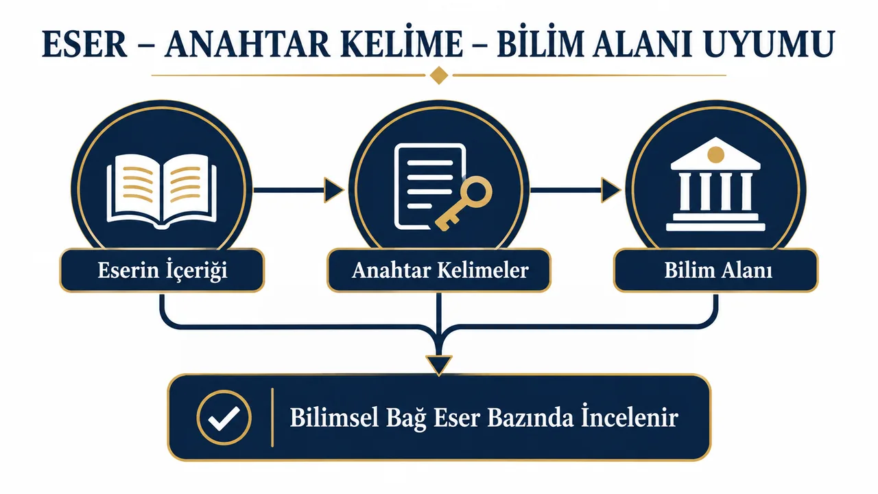 Doçentlik Anahtar Kelime Uyumsuzluğu İddiası ve İtiraz Süreci 2 Doçentlik başvurusunda eser içeriği, anahtar kelimeler ve bilim alanı uyumu şeması