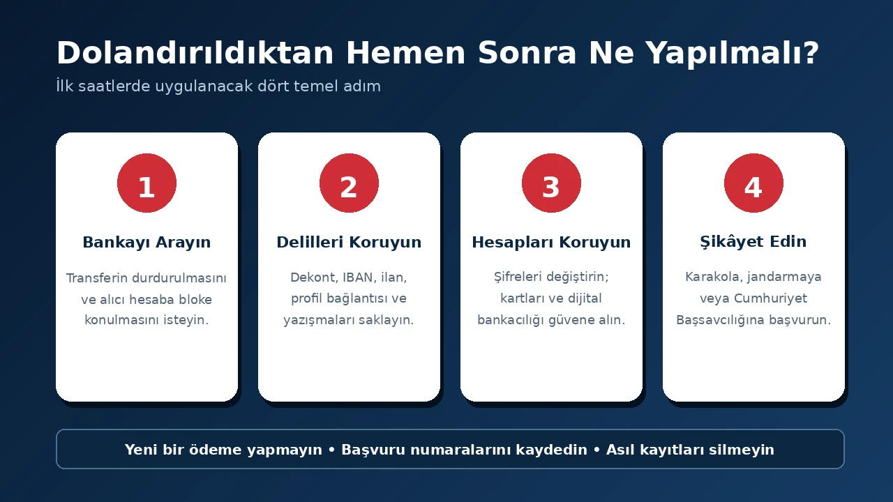 Dolandırıldım Ne Yapmalıyım? Para Nasıl Geri Alınır? 2 Dolandırıldıktan sonra bankaya bildirim, delilleri koruma, hesap güvenliği ve şikâyet adımları